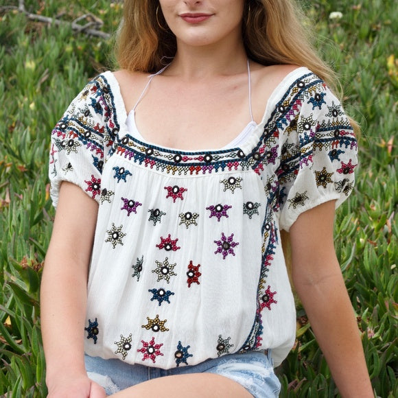 Free People Aurura Embroidered Blouse Top S
