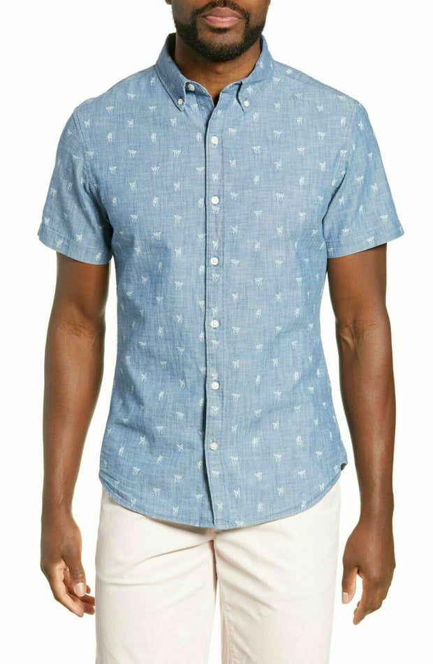 BONOBOS Riviera Slim Fit Hand Signs Print Sport HAWAIIAN Blue Shirt XS