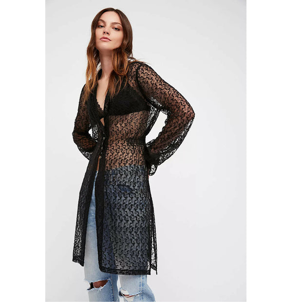Free People We The Free Lou's Shirt Mesh Embroidered Mini Dress