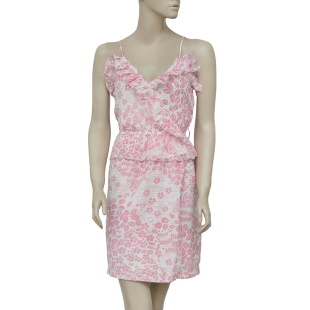 Antik Batik Printed Ruffle Wrap Pink Ivory Boho Dress S 38