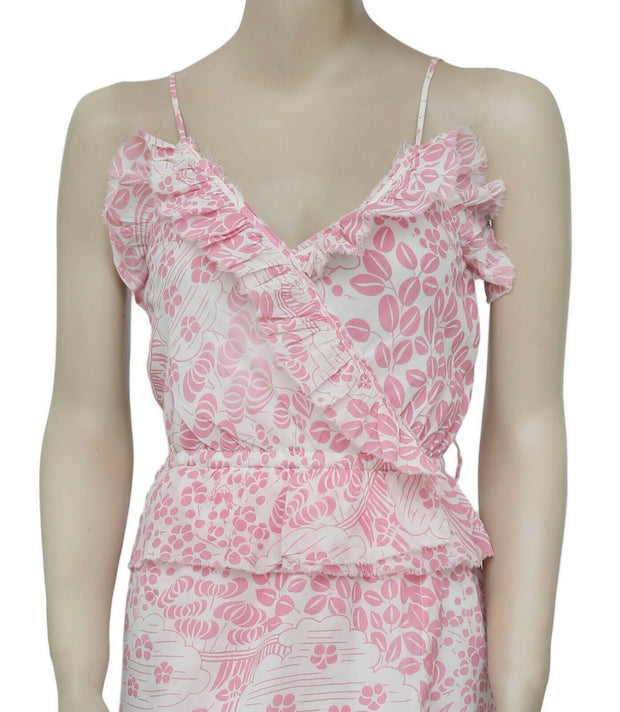 Antik Batik Printed Ruffle Wrap Pink Ivory Boho Dress S 38