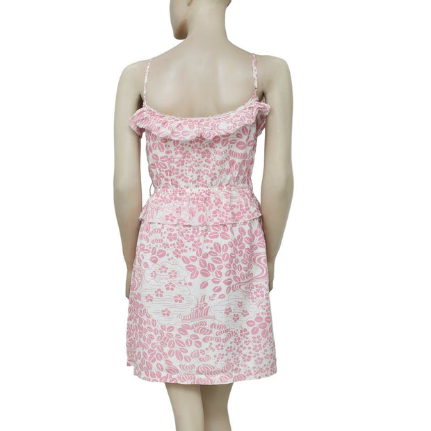 Antik Batik Printed Ruffle Wrap Pink Ivory Boho Dress S 38