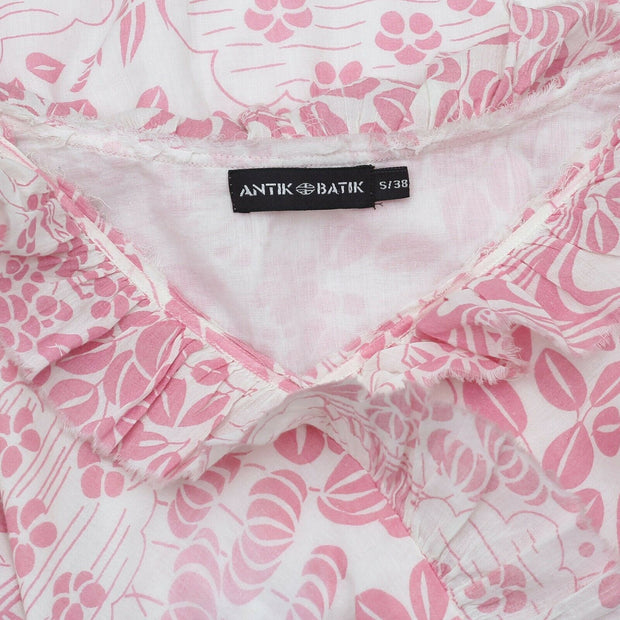 Antik Batik Printed Ruffle Wrap Pink Ivory Boho Dress S 38