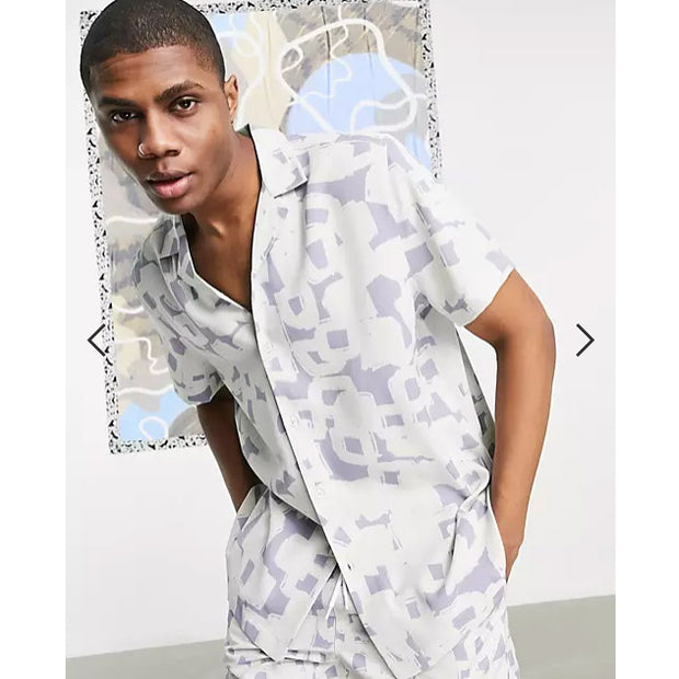 ASOS DESIGN Men's Co-ord Revere Lilac Grey Pattern Shirt S