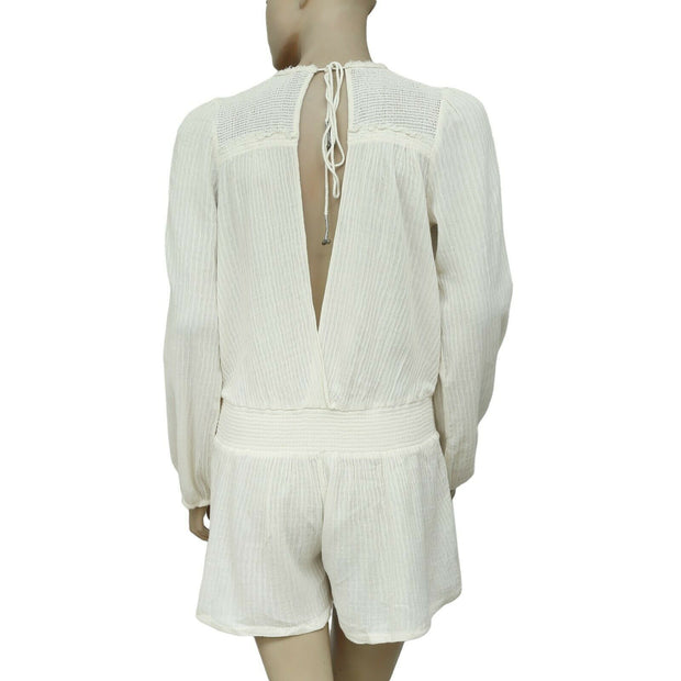 Free People Smocked Lace Long Sleeve Ivory Gauze Romper Dress M