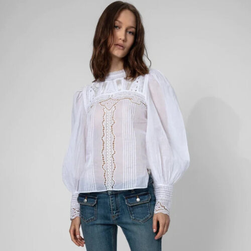 Zadig & Voltaire Embroidered Balloon-sleeve Blouse Top Lace Pintuck XS