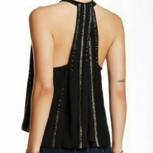 Free People Shimmer Shine Embellished Cutout Black Tank Top