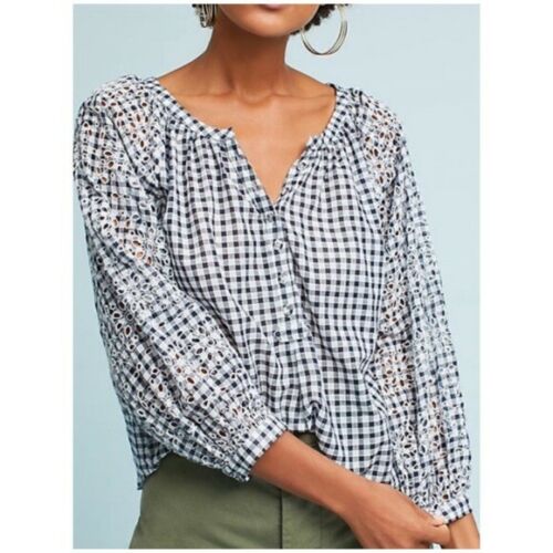 Akemi + Kin Anthropologie Gingham Eyelet Blouse Top