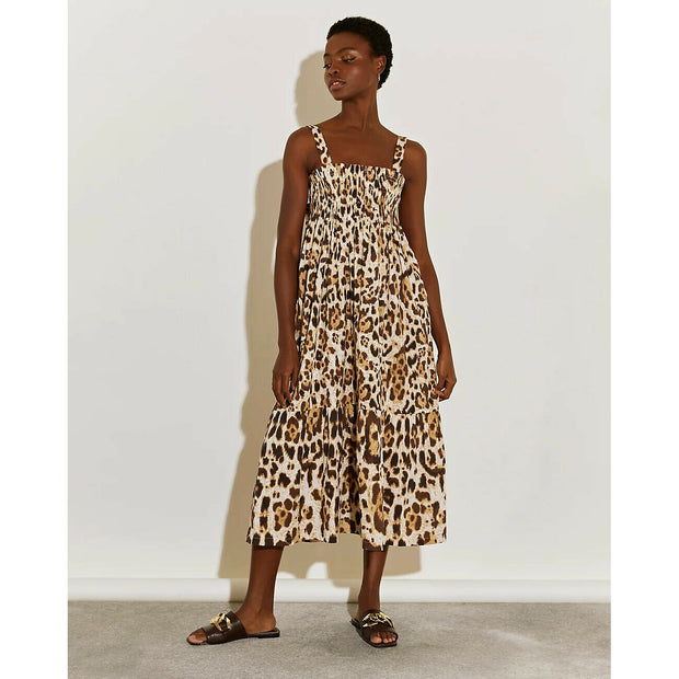 River Island 米色 Midaxi 平行绉缝动物印花海滩中长连衣裙 M