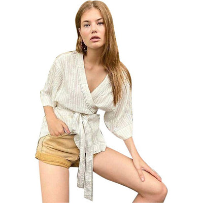 Free People FP ONE Cora Eyelet Embroidered Oversized Wrap Blouse Top M