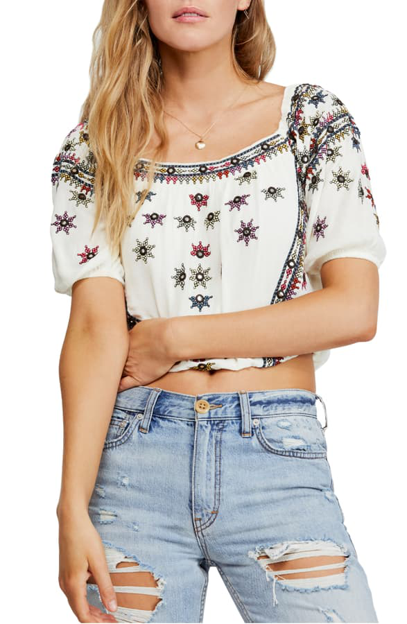 Free People Aurura Embroidered Blouse Top S